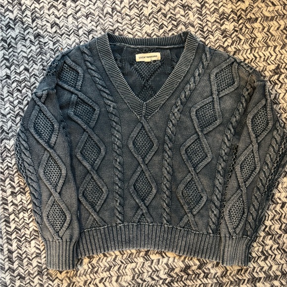 Lucky Brand Women's Washed Blue Cable Knit V Neck Sweater Women’s Medium - Picture 3 of 6